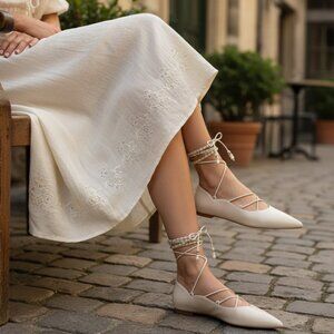 Sam Edelman Winslet Ivory Nappa Leather Lace up Pearl Beaded Pointy Toe Flats